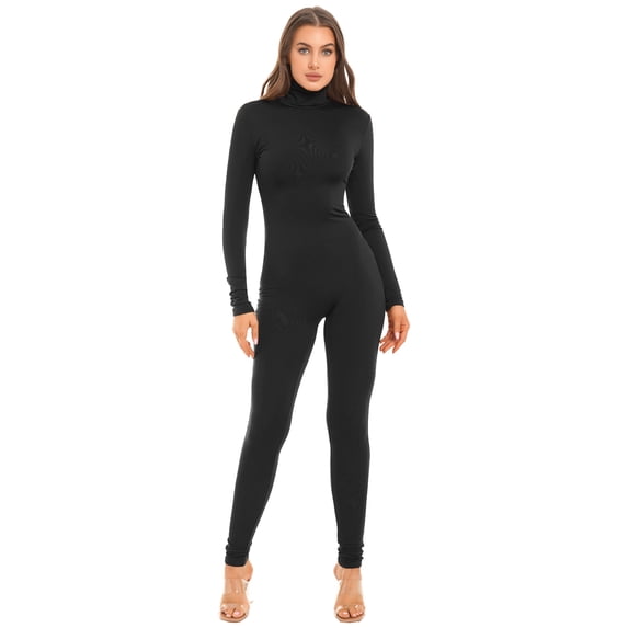 YEAHDOR Womens Solid Color Full Bodycon Jumpsuit Long Sleeve Stretchy Bodysuit Night Club Rave Party Catsuit Black M