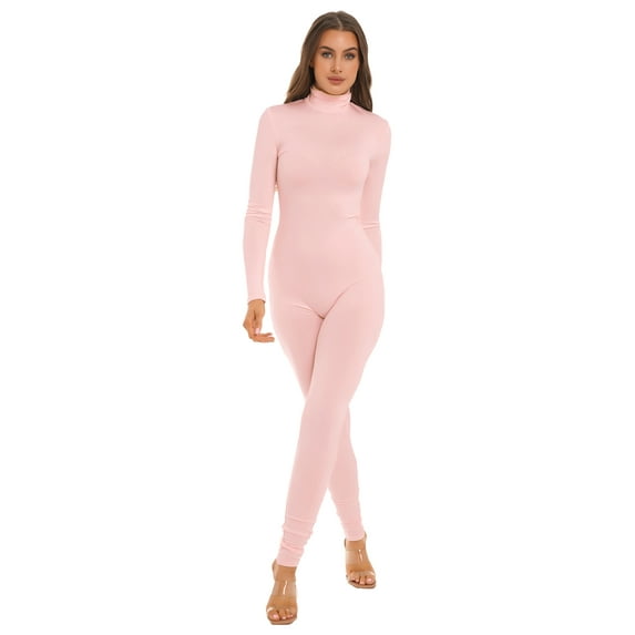YEAHDOR Womens Solid Color Full Bodycon Jumpsuit Long Sleeve Stretchy Bodysuit Night Club Rave Party Catsuit Pink L