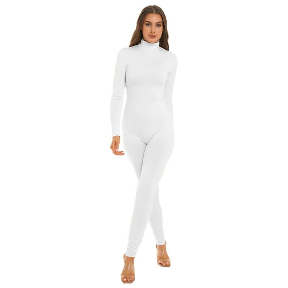 YEAHDOR Womens Solid Color Full Bodycon Jumpsuit Long Sleeve Stretchy Bodysuit Night Club Rave Party Catsuit White S