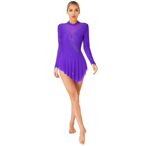 YEAHDOR Womens Sparkle Rhinestone Ballet Dress Mesh Splice Figure Ice Skating Dress Gymnastics Skirted Leotard Purple L