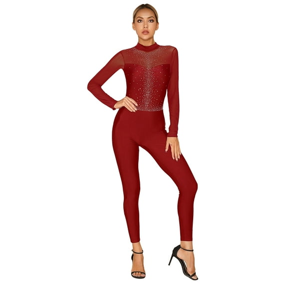 YEAHDOR Womens Sparkle Rhinestone Figure Skating Bodysuit Strappy Back Mesh Patchwork Dance Gymnastics Jumpsuit Burgundy XL