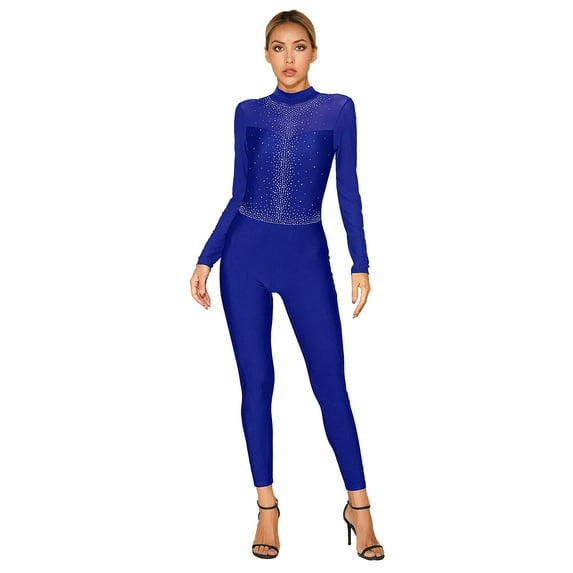 YEAHDOR Womens Sparkle Rhinestone Figure Skating Bodysuit Strappy Back Mesh Patchwork Dance Gymnastics Jumpsuit Royal Blue XXL