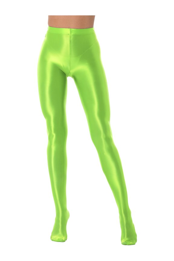 Womens Wetlook Leggings Nylon Zipper Crotch Tights Rave Party Pants Trousers Fluorescent Green M