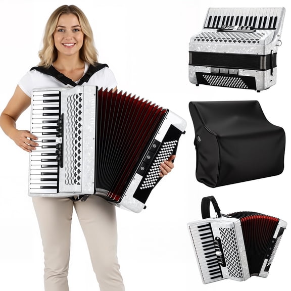 YEAHIBABY White 96 Bass Accordion Musical Instrument with Adjustable Strap for Performance