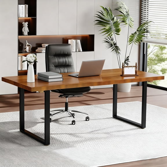 YEAHIBABY Solid Wood Computer Desk with Metal Frame for Home Office and Gaming