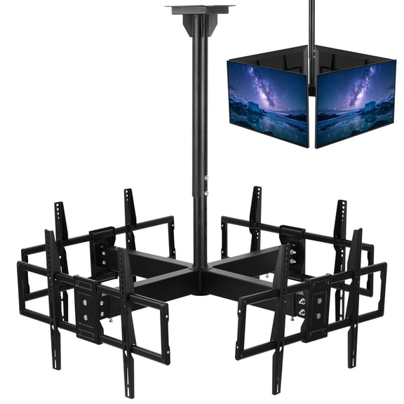 YEAHIBABY Quad-TV Ceiling Mount for 32 to 65 inch Screens, Heavy Duty Full Motion Menu Board, Digital Signage Mount for 4 TVs, 440 lbs Capacity, Black