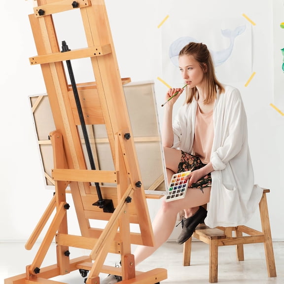 YEAHIBABY Sturdy Beech Wood Easel, Heavy Duty, Adjustable Angles, Metal Crank, Light Brown, for Artistic Use