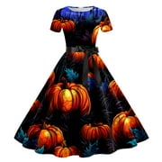 YEAHITCH Flat Shoes For Women Dressy Work Crew Neck Women Dress Clearance Under S5 Short Sleeve Lace Printed Dress Holiday Orange