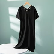 YEAHITCH House Dresses For Women With Pockets V-Neck Summer Dresses For Women Long Sleeve Pullover Solid Dress Casual Black