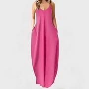 YEAHITCH Overall Dress For Women V-Neck Women Dresses For Summer Sleeveless Ruffles Printed Dress Spring Pink