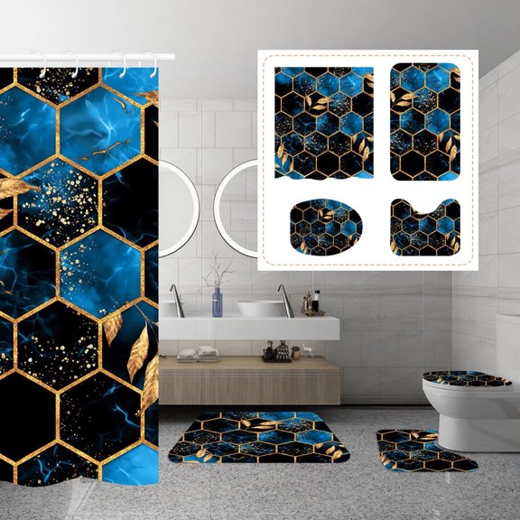 YEAHOME 4PCS Blue Diamond Grid Shower Curtain Set with Toilet Lid Cover and Non-Slip Rugs Modern Art Geometric Bathroom Set Shower Curtain Set with 12 Hooks for Bathroom