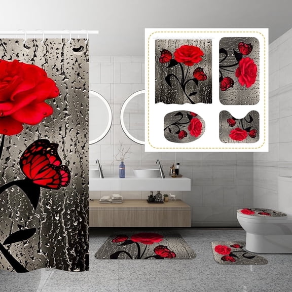 YEAHOME 4PCS Red Rose Shower Curtain Bathroom Set with Rugs, Toilet Lid Cover and Bath Mat, Red Shower Curtain with 12 Hooks, Complete Bathroom Accessories Decor Set