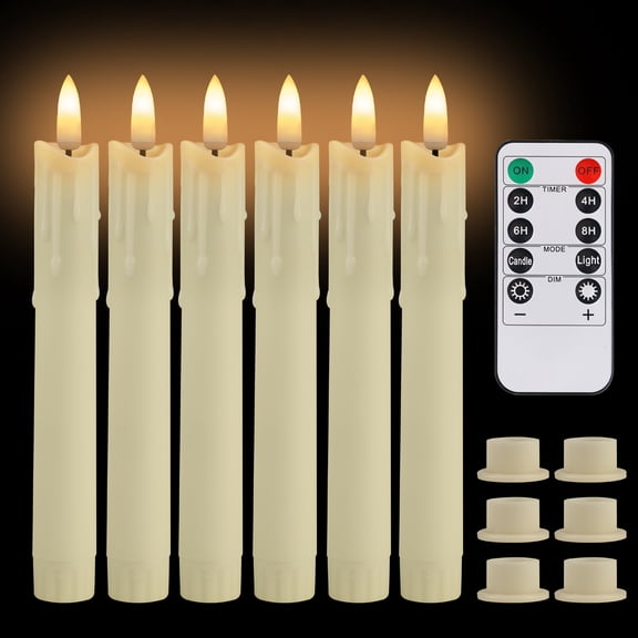 YEAHOME 6 Pack Flameless LED Taper Candles, 6.6 in Ivory Battery Operated Candlesticks with Remote, Timer & Dimmer, Flickering Flame