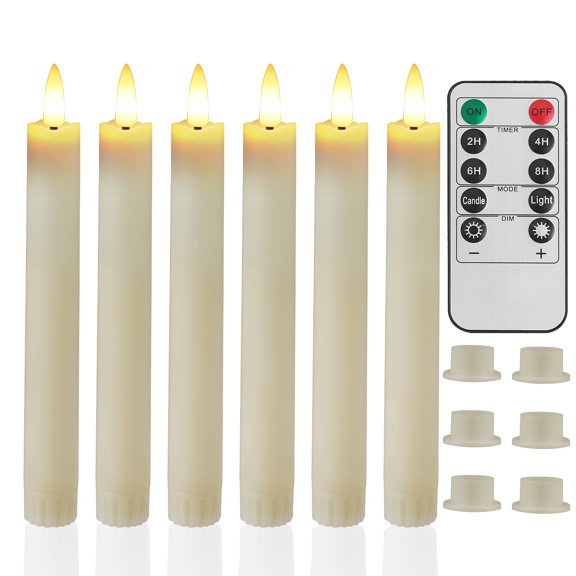 YEAHOME 6 Pack Flameless LED Taper Candles, 6.6 in Ivory Battery Operated Candlesticks with Remote, Timer & Dimmer, Flickering Flame