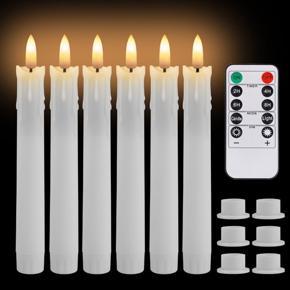YEAHOME 6 Pack Flameless LED Taper Candles, 6.6 in White Battery Operated Candlesticks with Remote, Timer & Dimmer, Flickering Flame