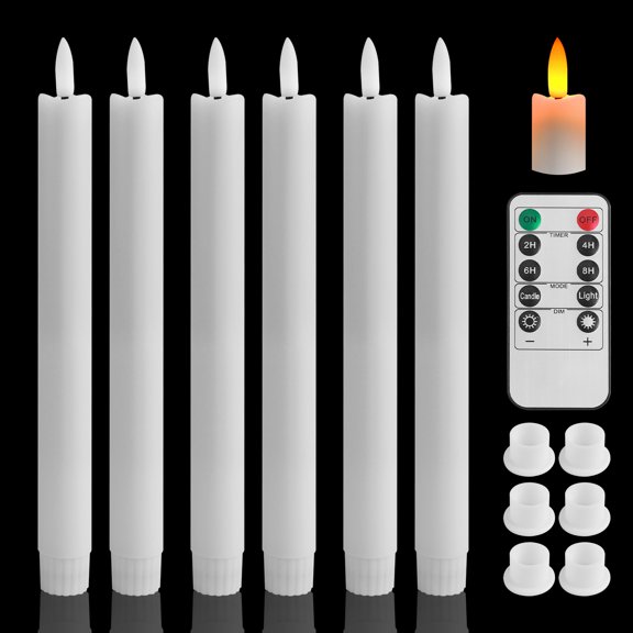 YEAHOME 6 Pack Flameless LED Taper Candles, 9.8 in White Battery Operated Candlesticks with Remote, Timer & Dimmer, Flickering Flame