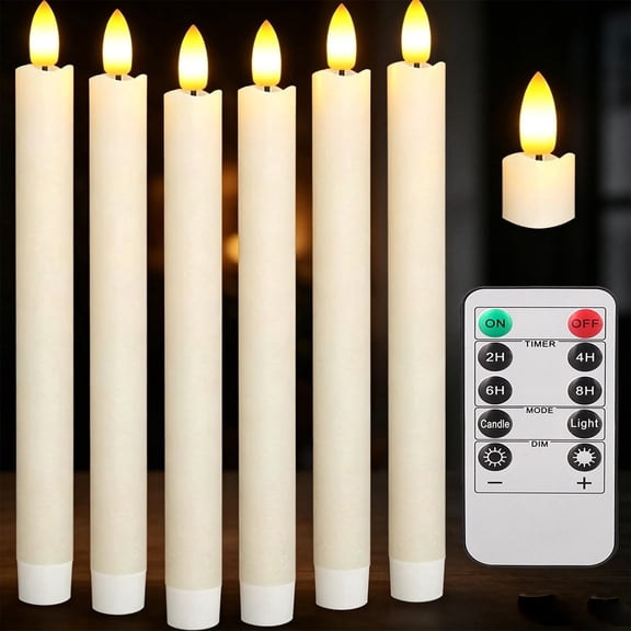 YEAHOME 6 Pcs Flameless Taper Candles with Remote Timer Dimmer, 11 inches Ivory Taper Candles Battery Operated, Plastic LED Candlesticks with Flickering Flame