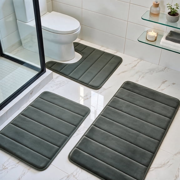 YEAHOME Bathroom Rugs Sets 3 Piece, Ultra Soft Flannel Memory Foam Bath Rugs, Non-Slip & PVC Backing Bathroom Mat Set, Washable Quick Dry Bath Rug