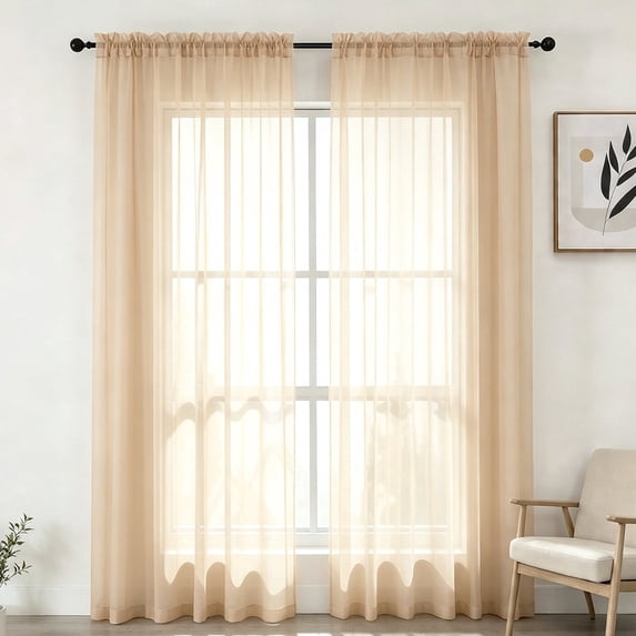 YEAHOME Beige Sheer Curtains 108 inches Long 2 Panels Set, Sheer Curtains for Living Room/Bedroom, Rod Pocket Voile Sheer Panel Drapes, 2pcs, Each 52" Width x 108" Long