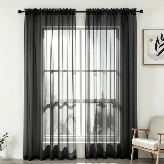 YEAHOME Black Sheer Curtains 95 inches Long 2 Panels Set, Sheer Curtains for Living Room/Bedroom, Rod Pocket Voile Sheer Panel Drapes, 2pcs, Each 52" Width x 95" Long