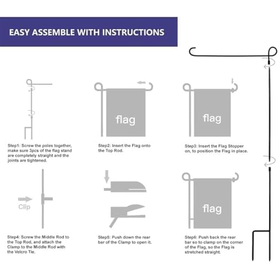 YEAHOME Garden Flag Holder Stand, 6mm Weather-Proof Yard Flag Pole Black Metal Powder-Coated Flagpole with Tiger Clip and Rubber Stopper for Garden Flags Outdoor Decoration