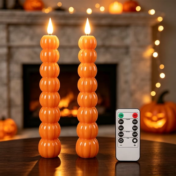 YEAHOME Orange Pumpkin Halloween Flameless Taper Candles with Remote Set of 2, Flickering Flameless Thanksgiving Decor, Battery Operated, Rustic Autumn Fall Decorations