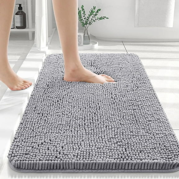 YEAHOME Soft Chenille Bathroom Rugs 20"x30" Absorbent Shaggy Bath Mat Washable Plush Bathroom Floor Mat, Light Grey