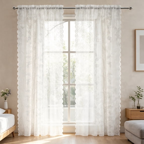 YEAHOME Vintage Ivory White Lace Curtains 56 Inches Long 2 Panels Set, Romantic Elegant Light Filtering Semi Sheer Floral Thick Lacy Curtain Drapes for Living Room and Bedroom, Each Panel 56W x 72L