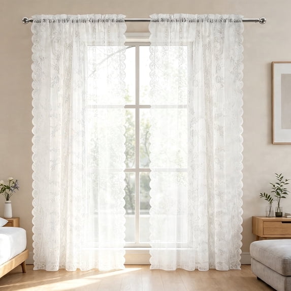 YEAHOME Vintage White Lace Curtains 40 inches Long 2 Panels Set, Romantic Elegant Light Filtering Semi Sheer Floral Thick Lacy Curtain Drapes for Living Room and Bedroom, Each Panel 40W x 78L