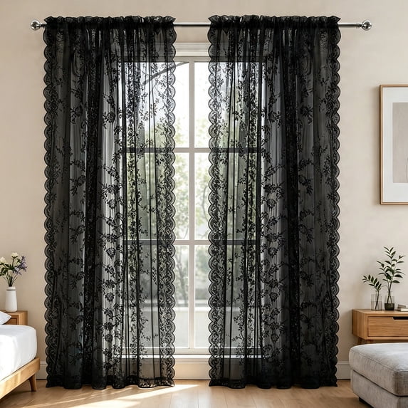 YEAHOME Vintage Black Lace Curtains 47 Inches Long 2 Panels Set, Romantic Elegant Light Filtering Semi Sheer Floral Thick Lacy Curtain Drapes for Living Room and Bedroom, Each Panel 27W x 47L