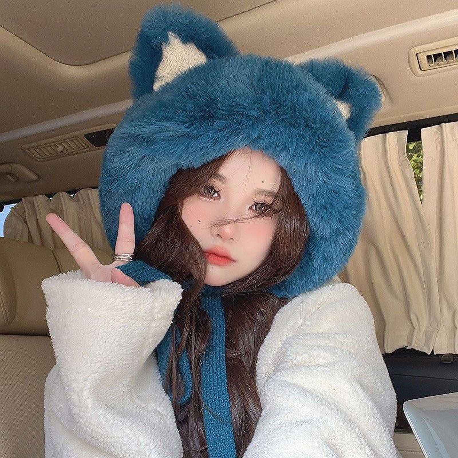 YEAHOO Cute Big Ear Knitted Hat Furry Fox Hat Winter Womem