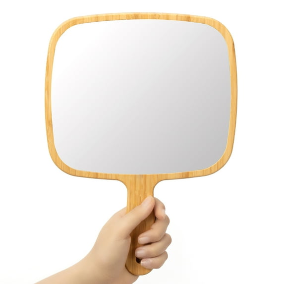 YEAKE Hand Mirror,Extra Large Natural Bamboo Handheld Mirror with Handle, Single-Sided Portable Travel Vanity Mirror for Men & Women,8.9" W x 12.4" L