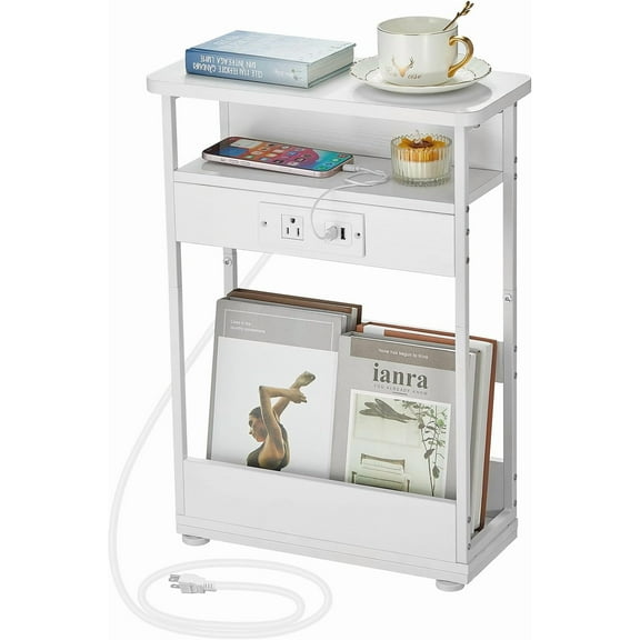 Hanyu  Narrow Side Table with Charging Station, 3-Tier End Table with 2 USB Ports & Power Outlets,Thin Sofa Side Table for Narrow and Small Spaces, Bedside Table Nightstand for Living Room,White