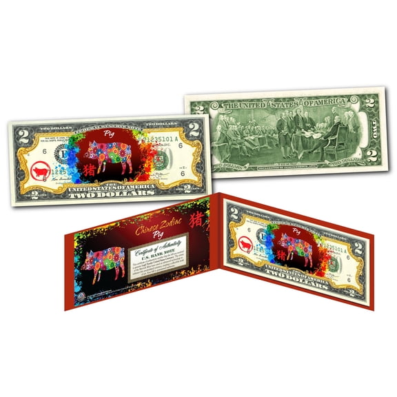 YEAR of the PIG - Chinese Zodiac Official $2 U.S. Bill RED POLYCHROME Edition