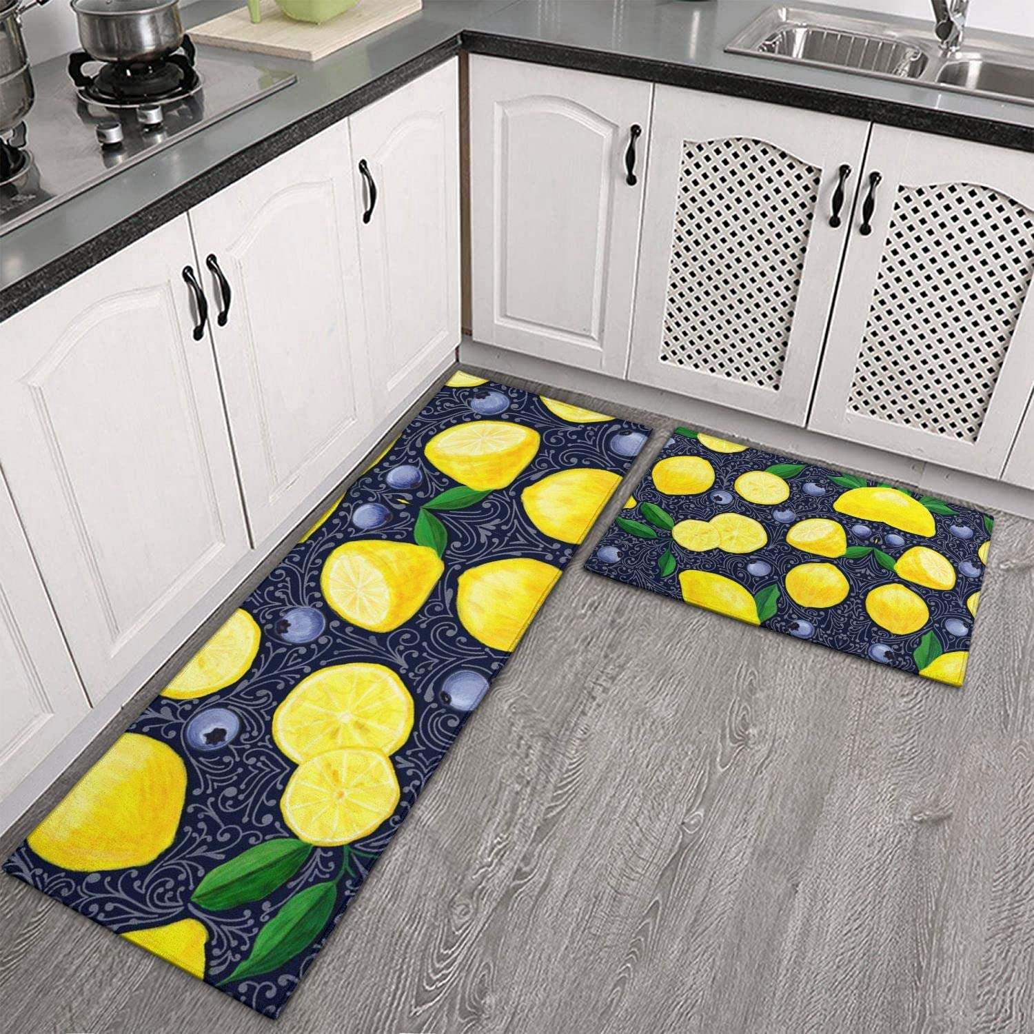 YEASHEER Non Slip Kitchen Floor Mat Lemon and Blueberry Set 2 Piece