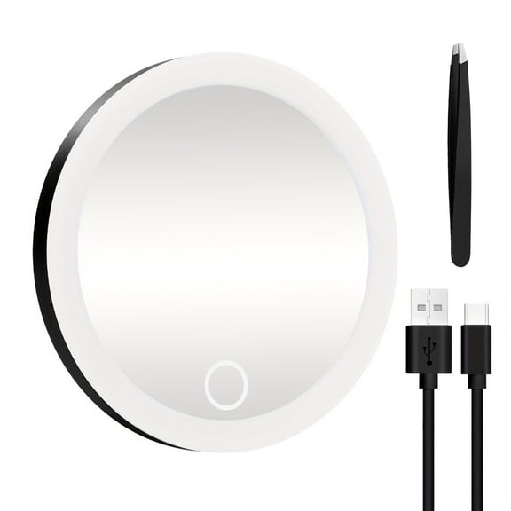 YEAUEME 10CM 30X Magnifying Mirror with Tweezers,Portable LED Makeup Mirror with 3 Suction Cups,Rechargeable Dimmable Mirror for Travel