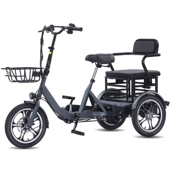 YEBEI Electric Tricycle for Adults Two-Seater E-Trike Electric 3 Wheels Trike Powerful Peak 1200W 48V15AH Lithium Battery Max 20MPH 16*2.125” Fat Tire E-Tricycle Gray UL2849
