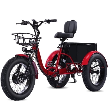 YEBEI Electric Trike, 7 Speed 3 Wheel Electric Bicycle with 48V 15Ah Lithium Battery, 20" Tires Electric Tricycle for Unisex Adults with Rear Basket Red