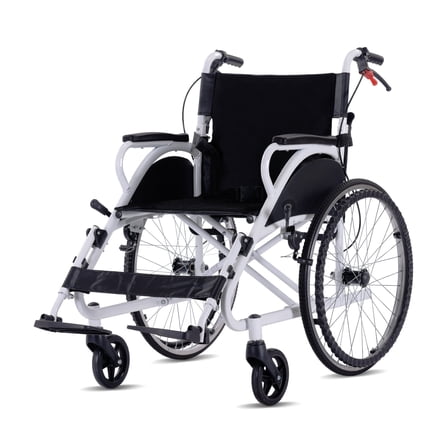 NOMIGO Folding Lightweight Transport Wheelchair Foldable Self-Propelled Wheelchair with Double-Brake Design for Adults 21-Inch Large Rear Wheel Support 230Lbs White