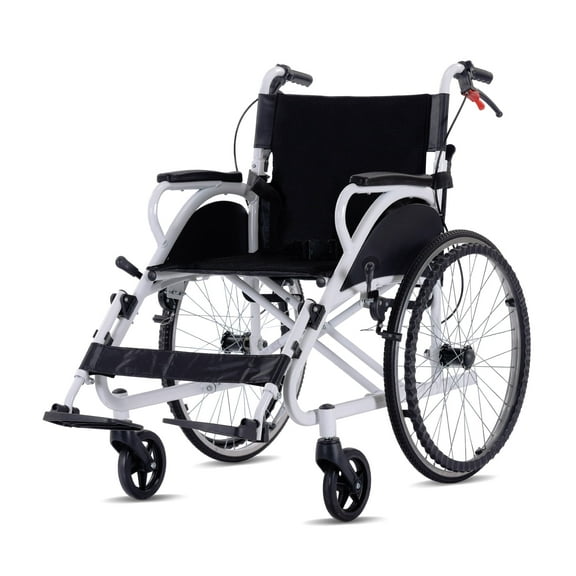 YEBEI Folding Lightweight Transport Wheelchair Foldable Self-Propelled Wheelchair with Double-Brake Design for Adults 21-Inch Large Rear Wheel Support 230Lbs White