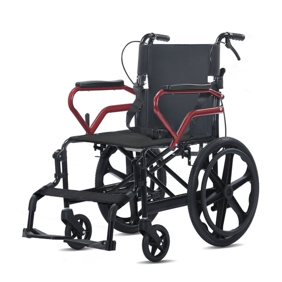 YEBEI Transport Wheelchair for Adults Fold Manual Self-Propelled Wheelchair for Seniors with Double Hand Brakes Support 250lbs Weighs Black Red