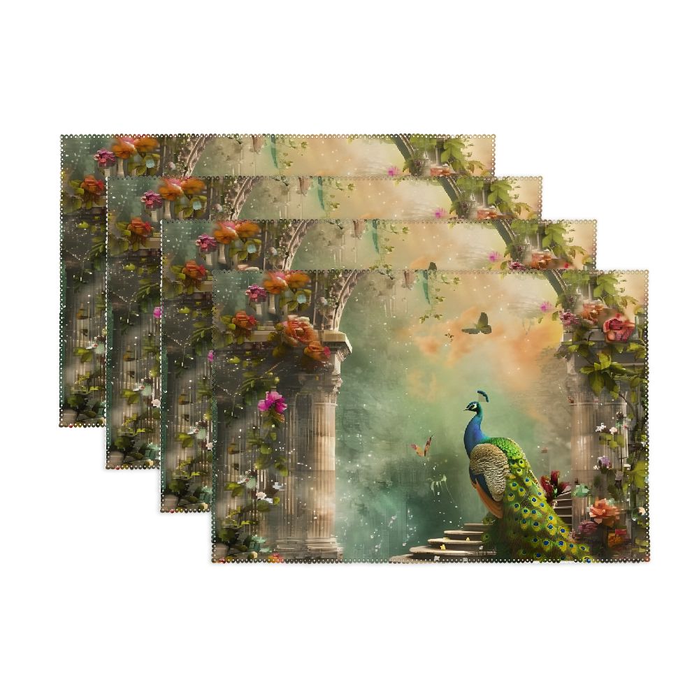 YECHA Peacock Flowers Fantasy Canvas Set of 4 Washable, Heat