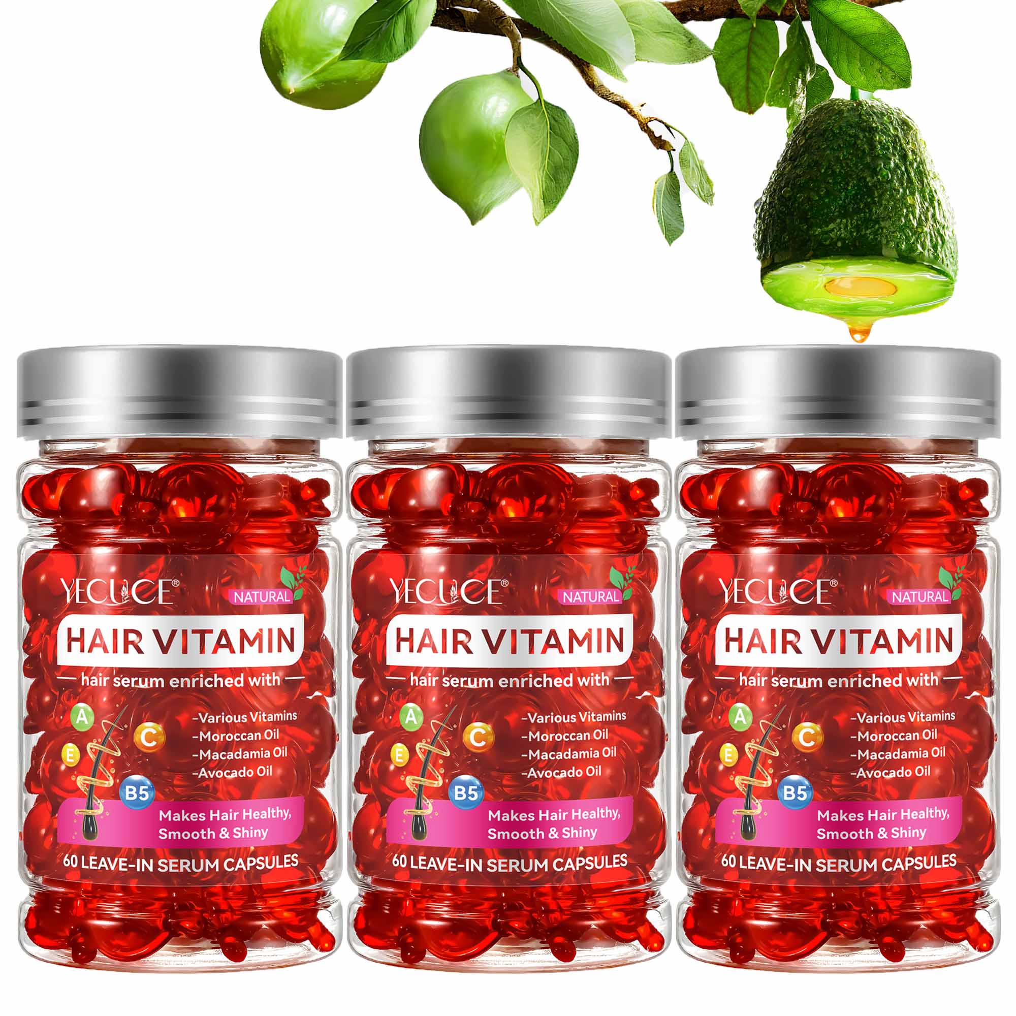 YECUCE Hair Vitamin 180PCS Capsules, Hair Serum for All Hair Style, with Avocado Oil - Fatty Acids - Vitamin, Daily Hair Care