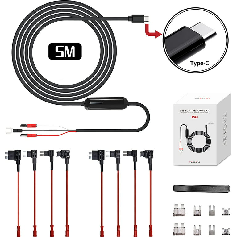 YEECORE Dash Cam Hardwire Kit, 16.4ft/5M USB Type-C Acc Hardwire