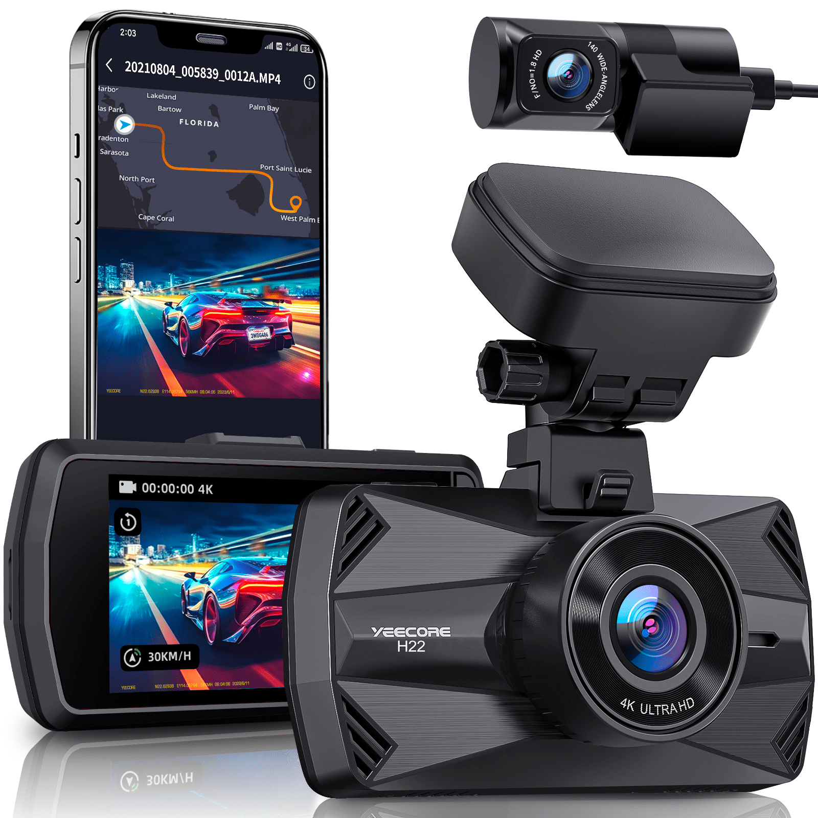 YEECORE Dual Dash Cam, Real 4K+1080P Front and Rear, Builtin WiFi GPS