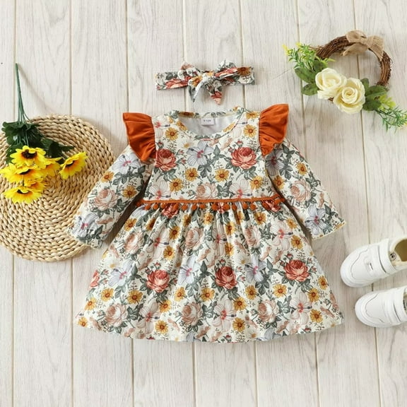 YEEDISON Baby Dress Autumn Winter Dress Floral Print Long Sleeve Girls' Dress Butterfly Hair Band for 9-12M