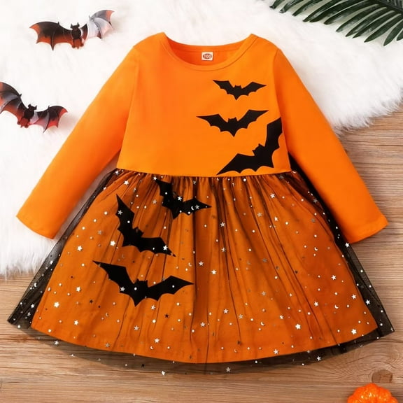 YEEDISON Baby Dress Children's Dress Autumn and Winter Girl Dress Cotton Bat Pattern Mesh Long Sleeve Halloween Party Girl Dress for 18M-6Y