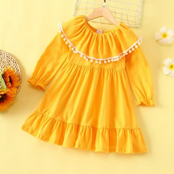 YEEDISON Baby Dress Children's Dress Autumn and Winter Girl's Dress Cotton Solid Ruffle Collar Hair Ball Girl's Dress 18M-6Y