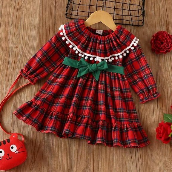 YEEDISON Baby Dress Children's Dress Autumn and Winter Girl's Dress Plaid Pattern Long Sleeve Cotton Christmas Party Girl's Dress Group 6-9M
