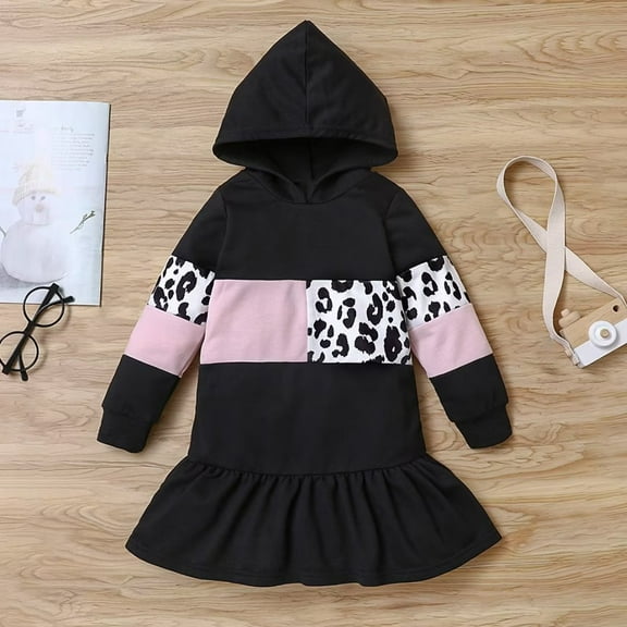YEEDISON Baby Dress Children's Dress Autumn and Winter Girls Dress Cotton Leopard Pattern Contrast Hooded Party Girl Dress for 3-6Y
